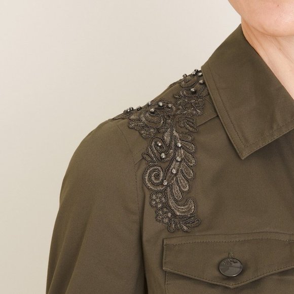 Chico's Lace Applique Embellished Utility Jacket Olive 2 L XL 12 14 - Picture 1 of 6